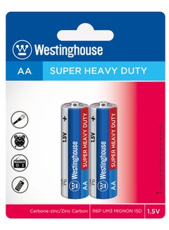 Buy Westinghouse Super Heavy Duty, Zinc Manganese Dioxide Battery, 2x AA, 1.5V, 1000mAh Blister Pack of 2 in UAE
