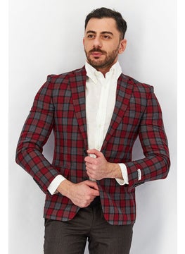 Buy Men Notch Collar Long Sleeve Plaid Blazer, Red/Grey in UAE