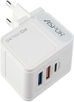 Buy ASPOR A838 Fast Charger PD 18W And QC 3.0 And IQ 2.4A Output EU PIN And TYPE C to LIGHTNING PD Cable,3 USB - White in Egypt