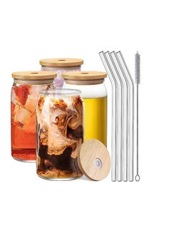 Buy 4 Pieces Glass Cups with Bamboo Lids and Glass Straw- Beer Can Shaped Drinking Glasses Set,Cute Boba Drinking Glasses  500ml in UAE