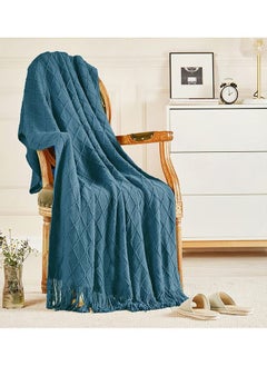 اشتري Soft Cozy Knit Blanket with Tassels for Couch and Bed Blue في الامارات