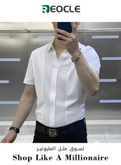 Buy Summer New Men's High-end Luxury Short-sleeved Shirts Fashionable Business Casual Versatile Slim-fitting Spliced Half-sleeved T-shirts Black in UAE