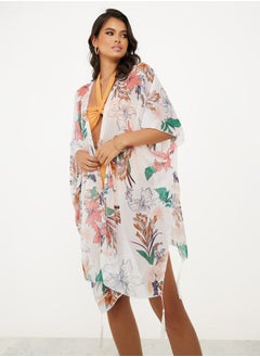 اشتري Floral and Leaf Print Tassel Detail Kimono في السعودية