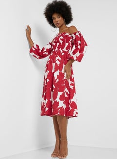 Buy Off Shoulder Smocked Printed Dress in UAE