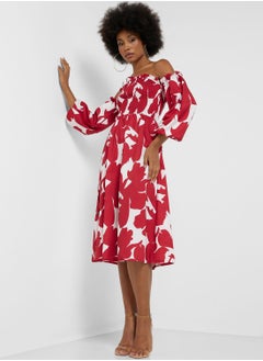 Buy Off Shoulder Smocked Printed Dress in UAE