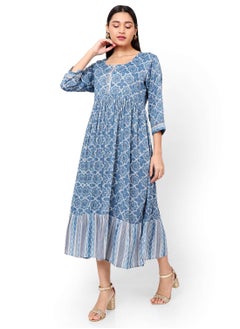 اشتري ELEGANT PRINTED FRONT STYLED BUTTONED SOFT VISCOSE BLUE COLOUR SHORT ARABIC KAFTAN JALABIYA DRESS في السعودية