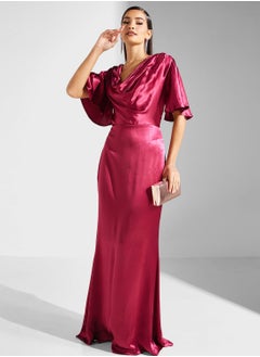 اشتري Cowl Neck Flared Sleeve Satin Dress في السعودية