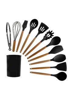Buy Silicone Kitchen  Cooking Utensil Set With Wooden Handles 11 Pieces With Holder in Egypt