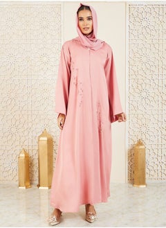 Buy Floral Beaded Embellished Button Closure Abaya in Saudi Arabia