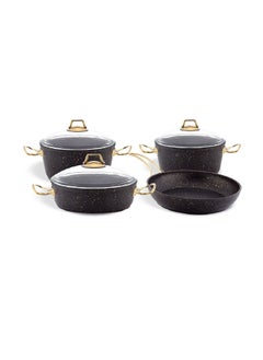 اشتري 7-Piece Granitec Cookware Set - Tempered Glass Lids - 2 Deep Pots - 1 Low Pot - 1 Frypan - Non-Stick Surface - PFOA Free - Black & Gold في الامارات