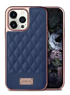 Buy iPhone 14 Pro Max Case Luxury PU Leather Case 3D Embroidery Heavy Duty Shockproof with Electroplating Frame Dark Blue in UAE