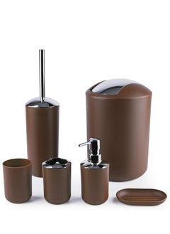 اشتري Bathroom Accessory Set 6 Piece Plastic Gift Bathroom Set Includes Storage Bucket Pail Toilet Brush Toothbrush Holder Soap Dispenser Soap Dish Soap Lotion Set Cup Brown في الامارات