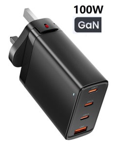 اشتري 100W 4 Ports GaN PD USB C Fast Charger Laptop Charging Plug Type C Power Adapter Compatible with MacBook Pro/Air, iPhone 15 Series, iPad, Galaxy S23 Ultra, Steam Deck Laptops, Tablets Black في الامارات