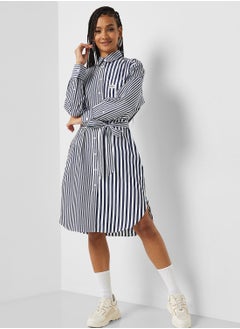 Buy Striped Button And Tie Detail Dress in UAE