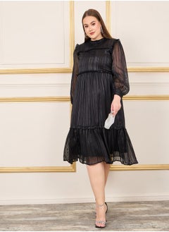 Buy Plus Lurex Striped Frill Detail High Neck A-Line Midi Dress in Saudi Arabia