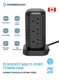 Buy 12 Socket Multi-Port Tower HUB / Charge 17 Devices At Optimal Speed 3M UK Plug, GaN Technology, Dual USB-A QC3.0, 15W Fast-Wireless, 3250W Peak Power, Safe and Reliable - Black in UAE