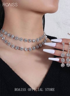 اشتري 3 Pcs Necklace Earrings Set Flowers Charm Layered Chain Ear Dangle Bridal Evening Dress Accessories for Women Silver/Clear في الامارات