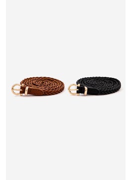 Buy Women 2 Packs Braided Thin Leather Belt, Black/Brown in Saudi Arabia