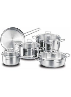 Buy korkmaz Perla 9 Piece High End Stainless Steel Induction Ready Cookware Set with Tri Ply Encapsulated Base in UAE