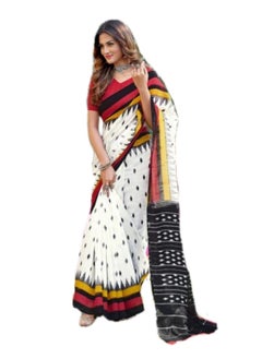 Buy Cotton White Red Black Ikat Prited Sraee With Unstitched Blouse in UAE