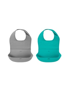 Buy OXO Tot 2-Piece Waterproof Silicone Roll Up Bib With Comfort-Fit Fabric Neck, Gray/Teal in UAE