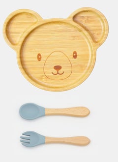 Buy Wooden Bamboo Cartoon Dinner Plate Silicone Suction Base With Silicone Bamboo Spoon Fork Set for Baby Feeding: Teddy Design - Blue in UAE