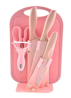 Buy 7-Piece Wheat Straw Kitchen Knife With Cutting Board Set Pink 21.5x32x32cm in UAE