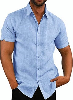 Buy Men's Short Sleeve V-Neck Henley Shirts Loose Linen Button-Up Tops Casual Beach Shirts in UAE