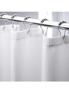 Buy Premium Shower Curtain White Thick Fabric Waffle Weave Design 5-Star Hotel Quality Waterproof Mildew-proof No Smell Washable with 12 Plastic Hooks for Bathroom (180x180cm) in UAE