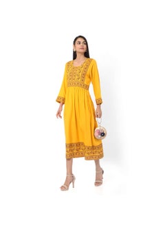 Buy SHORT YELLOW COLOUR HIGH QUALITY FLORAL PRINTED WITH FRONT BUTTONED STYLED ARABIC KAFTAN JALABIYA DRESS in Saudi Arabia