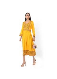 Buy SHORT YELLOW COLOUR HIGH QUALITY FLORAL PRINTED WITH FRONT BUTTONED STYLED ARABIC KAFTAN JALABIYA DRESS in UAE