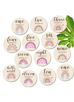 Buy 13 Pieces Wooden Baby Milestone Cards Boho Rainbow Double Sided Printed Milestone Discs Wood Gift Photo Prop Discs Sets Birth Announcement Sign for Baby Shower and Newborn Photo Props in Saudi Arabia