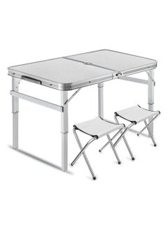 Buy 2-Person Folding Picnic Table with 2 Stools, 3 Feet Aluminum Table Chair Set Heights Adjustable, Portable and Lightweight for Outdoor, Camping, Dining, BBQ Party in UAE