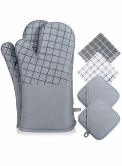 Buy Oven Mitts and Pot Holders Sets, 550°F High Heat Resistant with Kitchen Towels Thick Cotton Gloves Non-Slip Silicone for Cooking Baking (6Pcs, Grey) in UAE