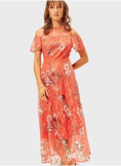 Buy Floral Printed Lace Detail Dress in Saudi Arabia