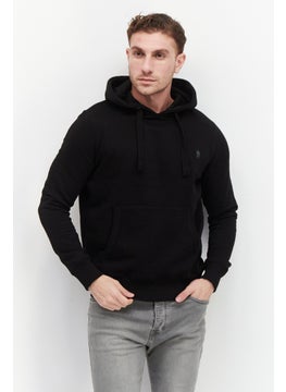 Buy Men Hood with Drawstring Brand Logo Front Pocket Fleece Sweatshirts, Black in UAE