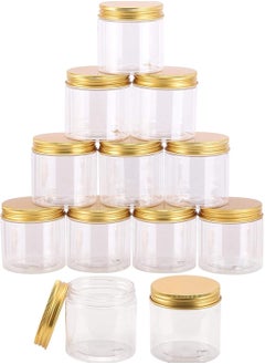 Buy 12 Pieces (350ml) Spice Storage Empty Bottle Refillable Clear Jar/Food Container/Plastic Pet Jars/Cansister Plastic Bottle with Metal Gold Lids in UAE