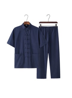 اشتري Mens Cotton Linen Tang Suit Summer Casual Navy blue في السعودية