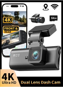 اشتري كاميرا Dash Cam 4K أمامية وخلفية بدقة 4K، كاميرا Dash Cam مزدوجة عالية الوضوح للسيارة، كاميرا للرؤية الليلية للسيارة، كاميرا سيارة ذات رؤية ليلية، مدمجة في نظام تحديد المواقع العالمي GPS WiFi، بطاقة 64 جيجابايت، شاشة IPS 3.18 بوصة، رؤية عريضة 170 درجة، WDR، شاشة مراقبة وقوف السيارات 24 ساعة في السعودية