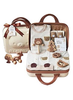 اشتري Baby Giftset for New born with Rompers and Wooden toys in cute suitcase in Bear theme for Girls and Boys 15 in 1 في السعودية