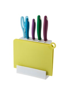 Buy A set of serving knives of different colors and sizes with a chopping board and scissors + a stand in Saudi Arabia