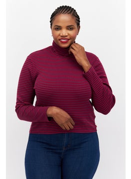 Buy Women Plus Size Turtle Neck Long Sleeves Striped Top, Red/Purple in UAE