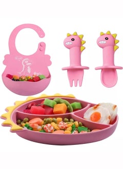 اشتري 4 Pcs Baby Feeding Set, Silicone Baby Tableware Set, Dinosaur Baby Cutlery and Plates Set, Non-Slip Infant Dinnerware Set, Baby Self Feeding Utensils في الامارات