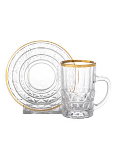 Buy A set of glass tea cups with a golden line, 12 pieces (6 cups + 6 saucers) in Saudi Arabia