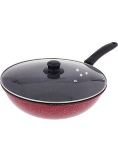 Buy Non Stick Frying Pan Granite Work And Glass Cover For Cooking Saute Vegetables Steaks Easy Cleaning Made Of High Quality Size 30Cm Black And Red in Saudi Arabia