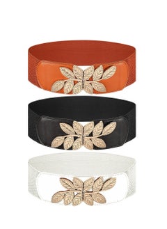 اشتري Womens Elastic Belt 3 Pcs Vintage Metal Leaf Buckle Wide Stretchy Retro Cinch Waistband Broad Belts for Women Ladies في السعودية