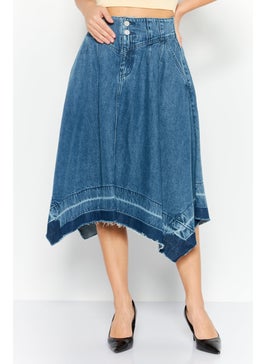 اشتري Women Washed Denim Midi Skirt, Blue في الامارات