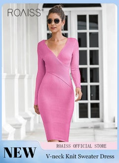 Buy Women Knitted Long Sleeved Dress V Neck Design, Slim Waist, Women Retro-Style Long Dress, Solid Color Design, Comfortable And Skin Friendly Fabric in Saudi Arabia