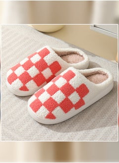 اشتري Checkerboard Lattice Design Bedroom Slippers for Women Men Couple Plush Fuzzy Cozy House Slippers Autumn and Winter Warm Indoor Outdoor Lightweight Soft Flat Slides White+Red في السعودية