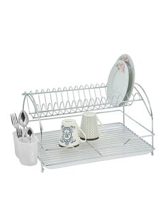 Buy Jasmine 2 Tier Plate Drying Drainer Rack Chrome Plated With Drain Board And Cutlery Basket Silver 47x36x27cm in UAE